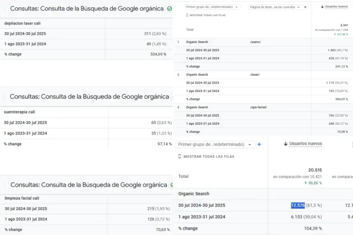 Capturas de Google Analytics y Search Console: búsquedas como "depilación láser cali" y "limpieza facial cali", y usuarios por página de servicio