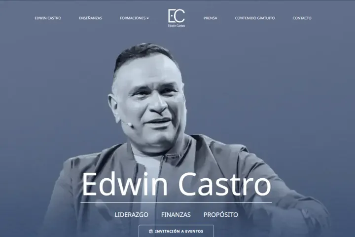 Página de inicio de edwincastro.com con el retrato de Edwin Castro y los temas liderazgo, finanzas y propósito